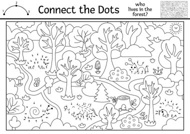 Hayvanlar ve böceklerin olduğu orman sahnesiyle nokta nokta ve renk aktivitesi. Noktalar oyununu orman manzarasıyla birleştir. Boyama sayfası, çocuklar için basılabilir çalışma kâğıdı. Ormanda yaşayan