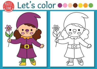 Bahçe kızı cücesi olan çocuklar için ön hazırlanmış boyama sayfası. Vektör peri masalı çizimi, çiçekli cüce çizimi. Renkli örnekleri olan çocuklar için fantezi orman renk kitabı