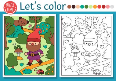 Ormandan geçen cüce çocuklar için ön hazırlanmış boyama sayfası. Cüce ve orman manzaralı veya manzaralı vektör peri masalı tasviri. Renkli örnekleri olan çocuklar için fantezi renkli kitaplar.