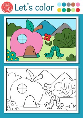 Tırtıl, elma evi ve orman manzaralı çocuklar için ön hazırlanmış boyama sayfası. Vektör peri masalı tasviri. Renkli örnekleri olan çocuklar için fantezi renk kitabı, ahşap arazi kaplaması