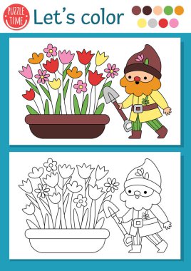 Bahçe cücesi, kürek ve çiçek tarhı olan çocuklar için ön hazırlanmış boyama sayfası. Vektör peri masalı çizimi ve cüce çizimi. Renkli örnekleri olan çocuklar için fantezi orman renk kitabı