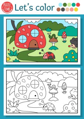 Uğurböceği, çilek evi ve orman manzaralı çocuklar için ön hazırlanmış boyama sayfası. Vektör peri masalı tasviri. Renkli örnekleri olan çocuklar için fantezi renk kitabı, ahşap arazi kaplaması