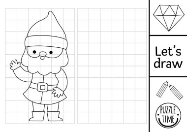 Cüceyi çiz. Şirin bir cüceyle vektör çizim çalışma tablosu. Çocuklar için basılabilir sihirli orman siyah beyaz aktivitesi. Fantezi yaratıcılı masal kopyası ya da resim boyama sayfası