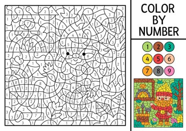 Cüce demirci ile sayı bazında vektör rengi, demir ocağı. Cüce işçi ve demirci ile peri masalı sahnesi. Sihirli orman siyah ve beyaz sayma oyunu. Çocuk için boyama sayfası