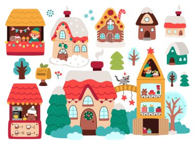 Vektör Noel evleri ayarlandı. Çocuklar için şirin yeni yıl kış ikonları koleksiyonu. Zencefilli kır evi, Noel Baba oyuncak kumaşı, kahve pazarı kristali.