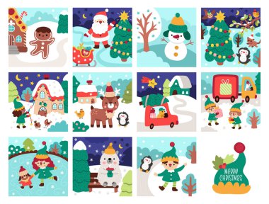 Vektör kare Noel köyü manzaraları ayarlandı. Noel Baba, elfler, hayvanlar ve kuşlarla yeni yıl sahneleri koleksiyonu. Geleneksel karakteri olan çocuklar için şenlikli kış tatilleri.