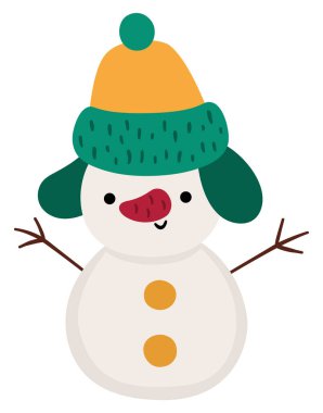 Yeşil şapkalı Noel Kardan Adam çizgi filmi. Çocuklar için şirin yeni yıl sembolü. Kış tatili kardan adam simgesi beyaz grupta izole edildi