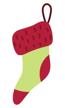 Hediyeler için kırmızı ve yeşil Noel çorapları. Tatlı Noel Baba 'nın beyaz arka planda izole edilmiş çorap çizimi. Hediyeler için yeni yıl pantolon askısı. Komik karikatür tatili