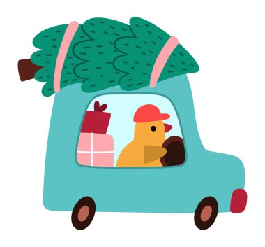 Noel ağacı olan bir vektör kuş sürücüsü. Beyaz arka planda izole edilmiş şirin kış otomobili çizimi. Köknar ağacı ve hayvan sürücüsüyle yeni yıl ulaşımı. Komik karikatür tatili
