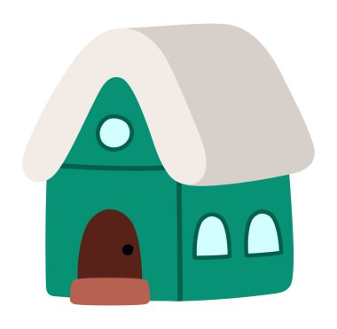 Tavanı karla kaplı vektör minimalist çizgi film evi. Beyaz arka planda izole edilmiş şirin Noel yeşili ev çizimi. Yeni yıl ya da kış tatili için