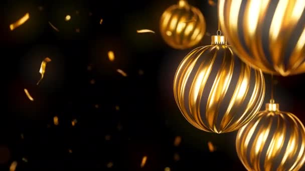 秋の輝き クリスマスの装飾と幸せな新年の黄金の回転軸受 現実的な3Dレンダリング金属ゴールドボールループ可能なアニメーション黒の背景に — ストック動画