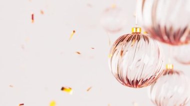 Yeni yıl cam süslemeleri ve Noel süslemeleri ile mutlu yıllar. Gerçekçi 3d, beyaz arkaplanda cam topları değiştirilebilir canlandırma.