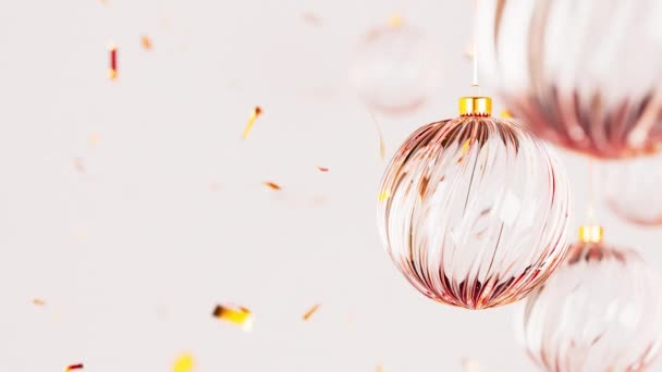 Gelukkig Nieuwjaar Glazen Kerstballen Met Vallende Glitter Kerstversiering Realistische Weergave — Stockvideo