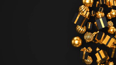 Mutlu yıllar altın takılar ve hediye kutuları, Noel ve Kara Cuma süslemeleri. Siyah arkaplan üzerindeki gerçekçi 3d görüntüleme.