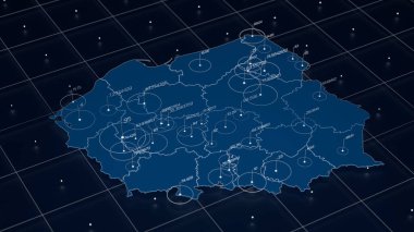 Polonya mavi haritası büyük veri görselleştirmesi. Fütürist harita bilgisi. Bilgi estetiği. Görsel veri karmaşıklığı. Karmaşık Polonya veri grafik görselleştirmesi. 3d resimleme.