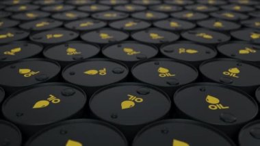 Siyah yağ ya da petrol varillerini ters çevir. Benzin ya da ham petrol konteynırları döngüsel 3D animasyon. Yakıt endüstrisi.