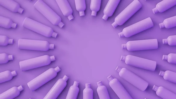 Lavender cosmetic bottles with soft shadow on background. Perfect ordered bottles radial layout. 3d render illustration.