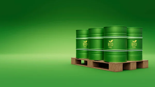 Zöld Bioüzemanyag Hordók Vagy Biodízel Hordók Raklapja Fenntartható Energia Koncepció — Stock Fotó