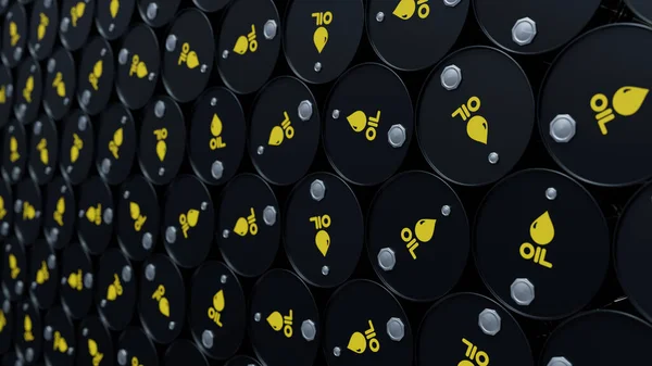 Стена Черной Нефти Нефтяных Бочек Бензин Контейнеры Сырой Нефтью Трехмерная — стоковое фото