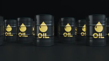 Kara yağ ya da petrol varilleri yavaşça sağa sola hareket ediyor. Benzin ya da ham petrol konteynırları döngüsel 3D animasyon. Yakıt endüstrisi.