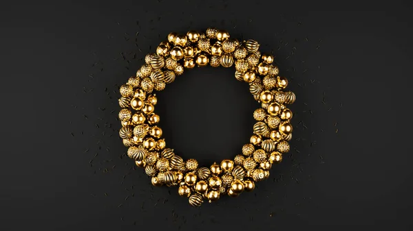 Gelukkig Nieuwjaar Cirkel Van Gouden Kerstballen Met Glitter Kerstversiering Realistische — Stockfoto