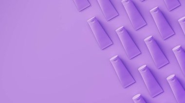 Arka planda yumuşak gölgeli lavanta kozmetik tüpleri. Mükemmel sıralanmış borular çapraz yerleşim. 3d resimleme.