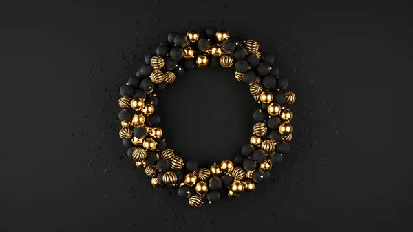 Happy New Year circle of golden and black baubles with glitter, Christmas decoration. Realistic 3d render illustration of gold balls on black background.