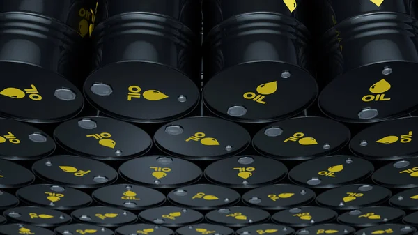 Wall of black oil or petroleum barrels. Gasoline or crude oil containers. Fuel industry 3d render illustration.