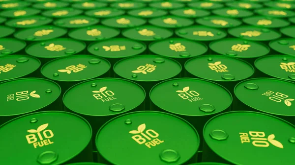 Wall of biofuel barrels or biodiesel drums. Sustainable energy concept. 3d render illustration.