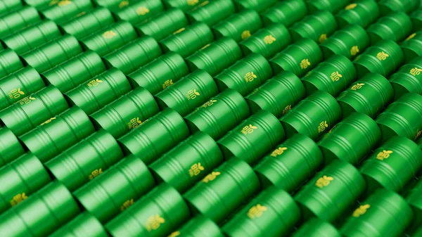 Sok Zöld Bioüzemanyag Hordók Vagy Biodízel Dobok Lövés Felülről Fenntartható — Stock Fotó