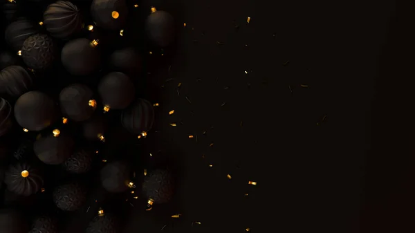 新年快乐 黑色的浴盆闪烁着光芒 圣诞装饰 现实的3D渲染黑球在黑暗背景下的图解 — 图库照片