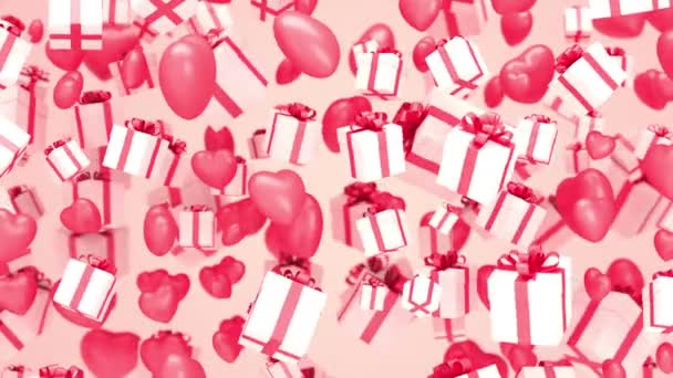Περιστρεφόμενες Καρδιές Και Κουτιά Δώρων Ροζ Φόντο Ημέρα Του Αγίου — Αρχείο Βίντεο