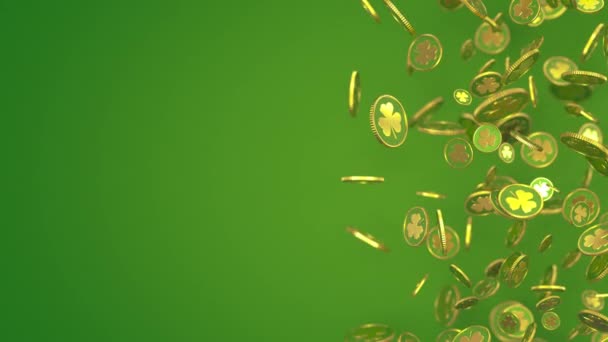 圣帕克斯节抽象的金币漂浮在绿色的背景上 Shamrock是硬币上的叶子帕特里克日库动画 — 图库视频影像