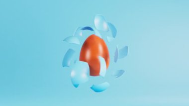 Mavi boyalı yumurta kabuğu ve turuncu yumurta. Paskalya yumurtası animasyonu. 3d hazırlayıcı.