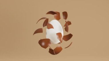 Chocolate egg shell peel and reveal white egg. Easter egg animation concept. 3d render.