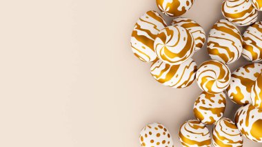 Bunch of easter eggs with golden ornament on beige background. 3d render illustration.