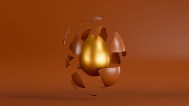 Chocolate egg shell peel and fly away revealing golden easter egg inside. Easter concept background. 3d render illustration.