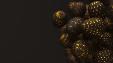 Altın süslemeli dönen siyah yumurtalar. Paskalya yumurtaları geri dönüşümlü. 3d hazırlayıcı.