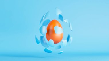 Mavi yumurta kabuğu soyulur ve uçar. İçindeki turuncu paskalya yumurtası ortaya çıkar. Paskalya konsepti. 3d resimleme.