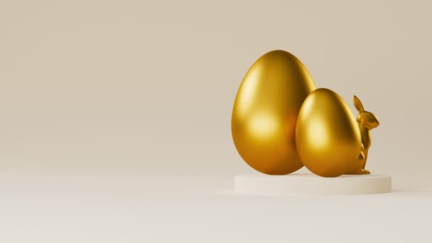 Obracające Się Podium Złotymi Jajkami Złotym Królikiem Wielkanocna Pętla Tle — Wideo stockowe