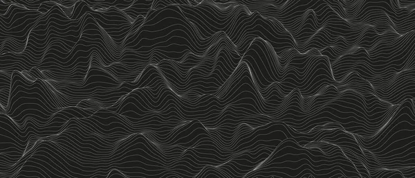 黒の背景に線の形が歪んでいる抽象的な背景 モノクロームサウンドライン波 — ストックベクタ