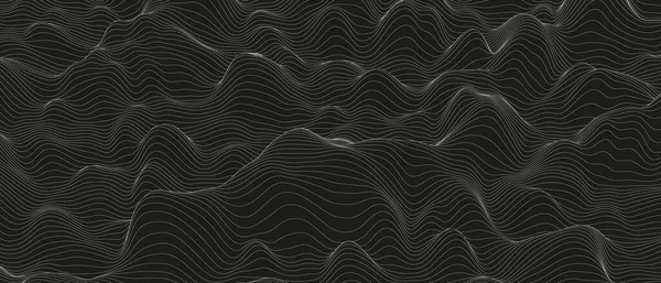 モノクロームサウンドライン波抽象的な背景 黒の背景に歪んだ線の形 — ストックベクタ