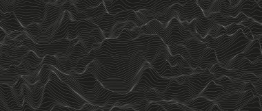 Siyah arkaplanda bozuk çizgi şekilleri olan soyut bir arkaplan. Tek renkli ses çizgisi dalgaları