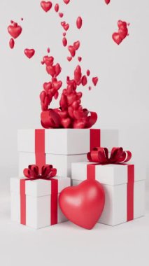 Sevgililer Günü hediye kutusu ve beyaz arka planda uçuşan küçük kalpler. Dikey 3d canlandırma canlandırması.