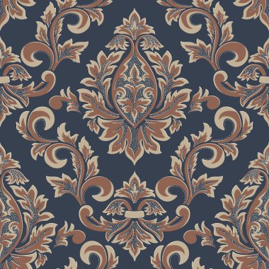 Damask kusursuz desen elementi. Vector klasik lüks, eski moda İspanyol süsü, duvar kağıtları, tekstil, ambalaj için kraliyet Victoria dönemi kusursuz dokusu. Klasik, zarif, çiçekli barok şablonu.