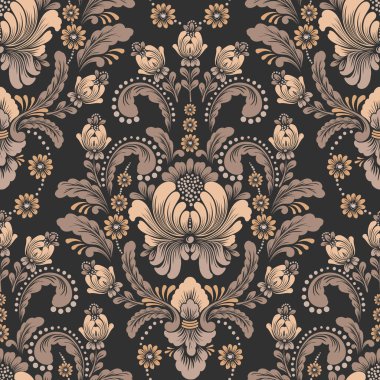 Damask kusursuz desen elementi. Vector klasik lüks, eski moda İspanyol süsü, duvar kağıtları, tekstil, ambalaj için kraliyet Victoria dönemi kusursuz dokusu. Klasik, zarif, çiçekli barok şablonu.