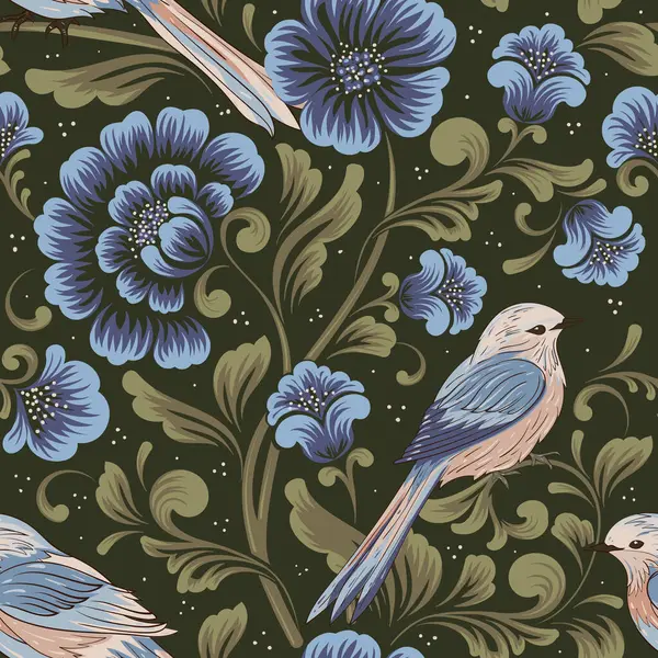 Vector Flower Seamless Pattern Background Birds Elegant Texture Backgrounds Classical — Stock Vector