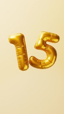 15 numaralı altın balonlar yükseliyor ve yüzüyor. Yıldönümü konsepti. 3d hazırlayıcı.