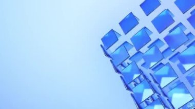 Mavi minimalist yarı saydam cam bloklar açık mavi arkaplanda dönerler. 3d canlandırma döngüsü oluşturulabilir.