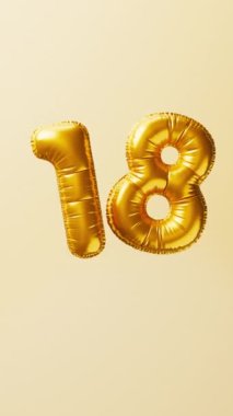 18 numaralı altın balonlar kalkıyor ve yüzüyor. Yıldönümü konsepti. 3d hazırlayıcı.